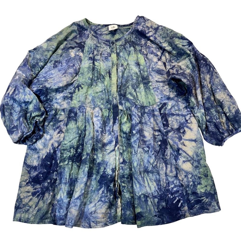 Cabi Tunic Top Women Medium Blue Green Tie Dye Boho Linen Blend 5714